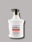 A white pump bottle of Nutriioner Forte Hair & Scalp Science Specialist from Ultra Scalp Care, featuring a black pump and a gold collar, set against a solid gray background.