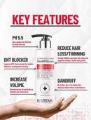 A promotional graphic for Histemo Ultra Scalp Care Shampoo Forte, featuring a white pump bottle with red and black text, surrounded by feature callouts including pH 5.5, DHT blocker, increase volume, and dandruff relief.
