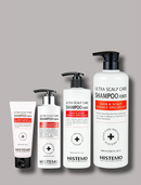 Four white histemo Ultra Scalp Care hair and scalp care bottles and tubes with black pumps and caps, arranged against a solid gray background.
