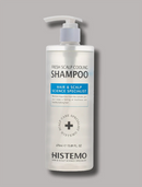 A 470ml white plastic pump bottle of HISTEMO Fresh Scalp Cooling Shampoo, featuring a blue and black label, set against a solid gray background.