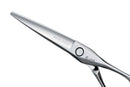Side view of Mizutani Acro Type K Lefty scissors in silver, demonstrating the precision blade and smooth, sharp edges ideal for detailed cuts.