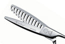 Side view of the Mizutani AcroLeaf Wide 50 thinning scissors in silver, demonstrating the wide teeth blades perfect for creating soft texture and volume control