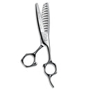 Mizutani AcroLeaf Wide 50 thinning scissors in silver, highlighting the 40-50% cut ratio for both texture and volume control in layered hairstyles