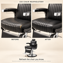 Illustrative before-and-after comparison of cracked black seat and armrest upholstery on a Takara Belmont 225 chair; not a completed customer repair.