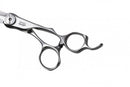Detailed view of the Mizutani SWORD D-19 scissors, demonstrating the 3-dimensional handle and comfortable grip