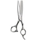 Mizutani Schorem Master 12 scissors in silver, designed for fade cuts and texturizing, with a unique leaf-shaped blade for natural, staggered texture effects.